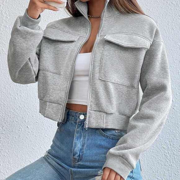. Tops - Grey Casual Womens Zip Up Flap Pocket Sweatshirt